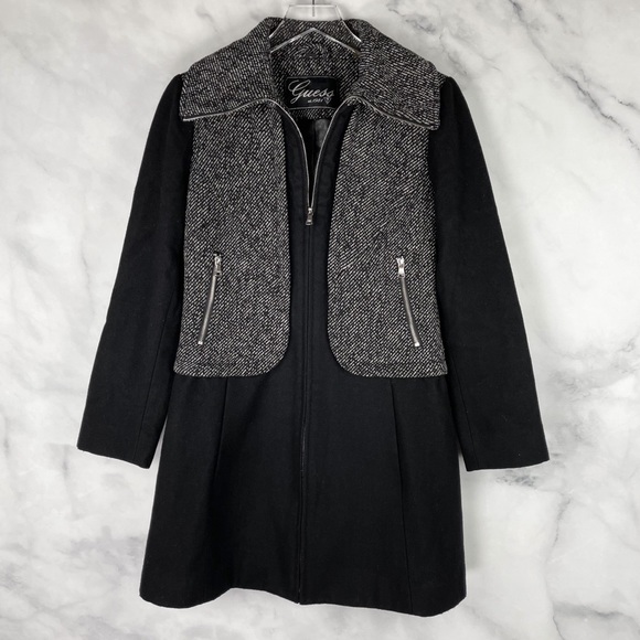 Guess Wool Blend Tweed Moto Zip Pleated Midi Pea Coat Retro Y2K Black Grey M - Picture 1 of 8